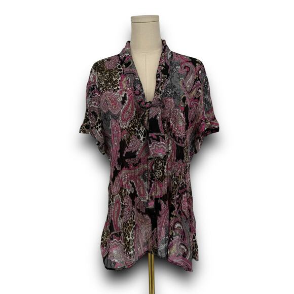 Y2K Sunny Leigh Plisse Paisley Print Short Sleeve Button Up Shirt, Tie Neck - Picture 1 of 6